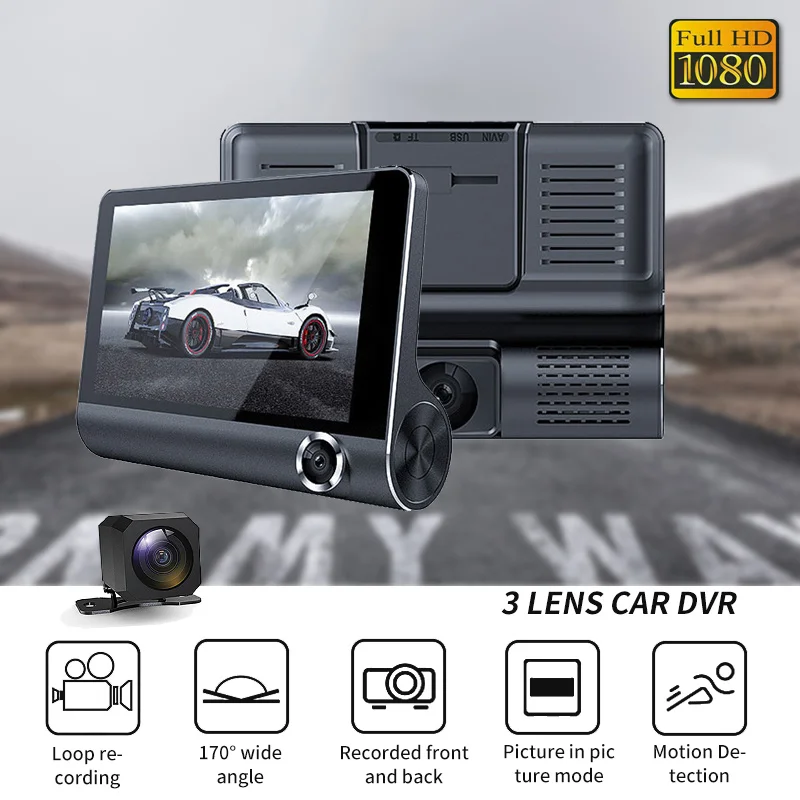 

4'' HD 1080P 3 Lens Car DVR Rearview Reversing Camera Dash Cam Video Recorder Mirroring DVR Car Camera Car Camera Recorder