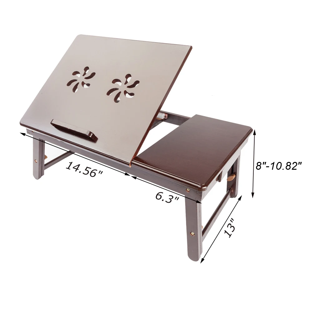 

Retro Double Flower Pattern Adjustable Bamboo Lap Desk Tray Dark Coffee Multifunctional Laptop Desk Cooling Function With Drawer