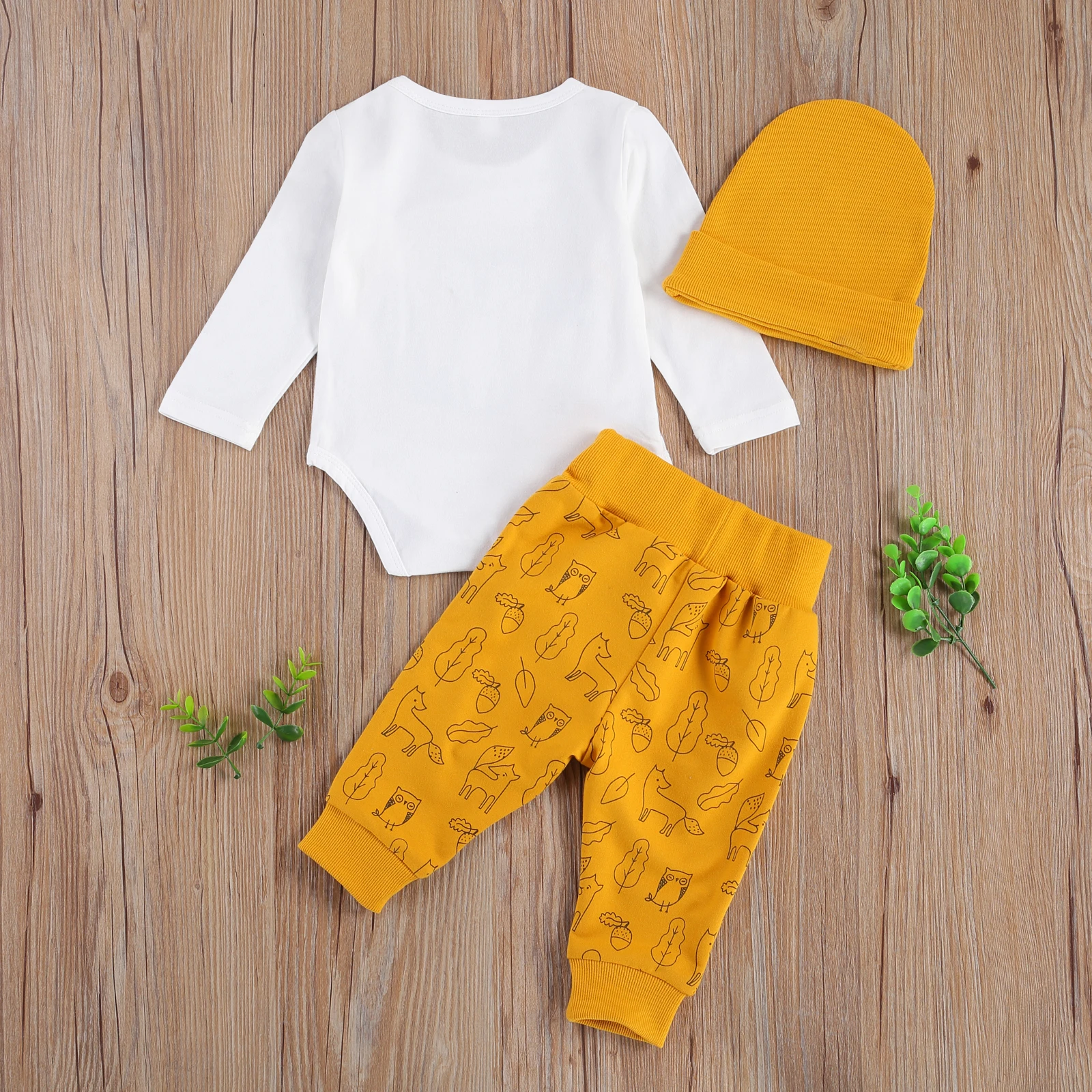 

2020 0-18M Newbonr Baby Girl Boy Clothing Casual Outfits Animal Print Long Sleeve Romper Top+Cartoon Pants+Hat Fall 3pcs Set