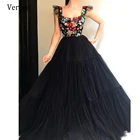 Женское платье для выпускного вечера Verngo, Черное длинное платье из Мягкого Тюля с объемными цветами и бусинами, с рукавами в горошек, вечернее платье