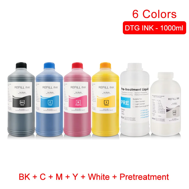 BK C M Y WH Pretreat 1000 мл чернила dtg для рисования на ткани одежды чернила для Epson DX5 DX7 R330 1390 1400 R1900 R2000 F2000 F2100(BK C M Y белый предварительной обработки - Цвет: BK C M Y WH Pretreat