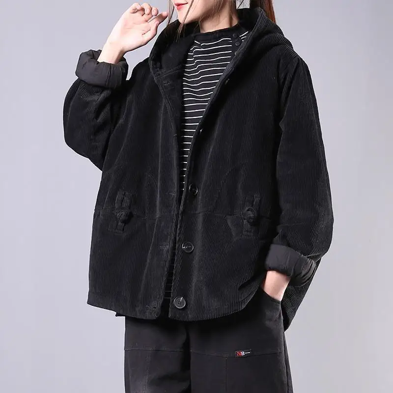 

Literature and art RETRO corduroy autumn coat women's new Korean loose large hooded short cotton padded jacket in autumn and
