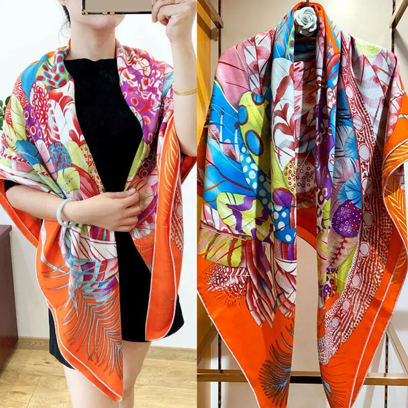 

Luxury 70% Cashmere 30% Silk Thin Scarf Aztec Ethnic Tribal Style Feather Print Blanket Shawl Kerchief 135*135cm