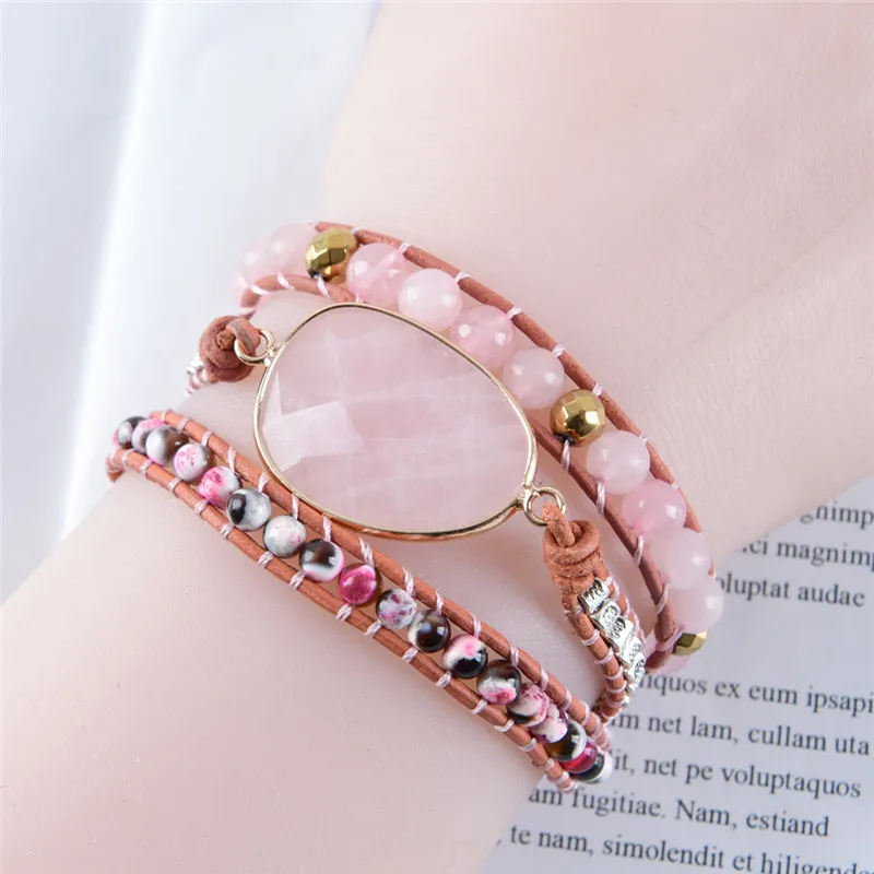 Роскошный кожаный браслет натуральные камни бусы плетение эффектный Boho Femme Homme