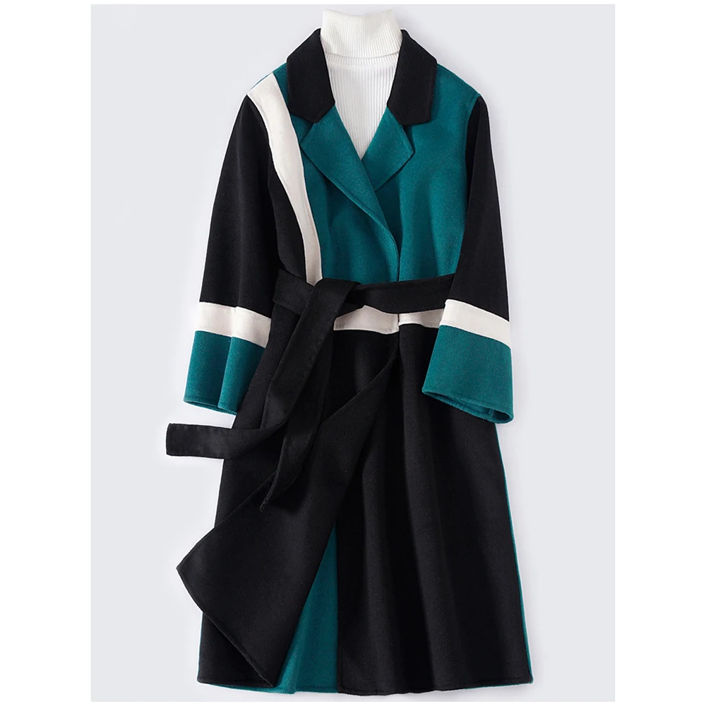 

YUANYUANJYCO Winter Women Long Casual Wool Coat LNZDY43 Fashion Belt Patchwork Colour Wide-Waist Straight Long Sleeve Clothes
