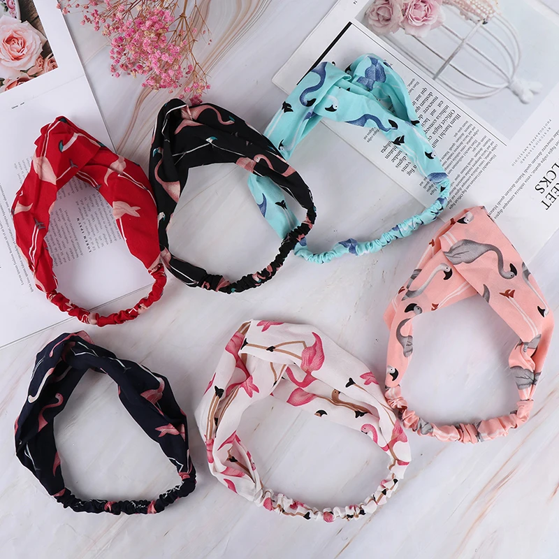 Женская шифоновая повязка на голову широкая с мультяшным фламинго тюрбан