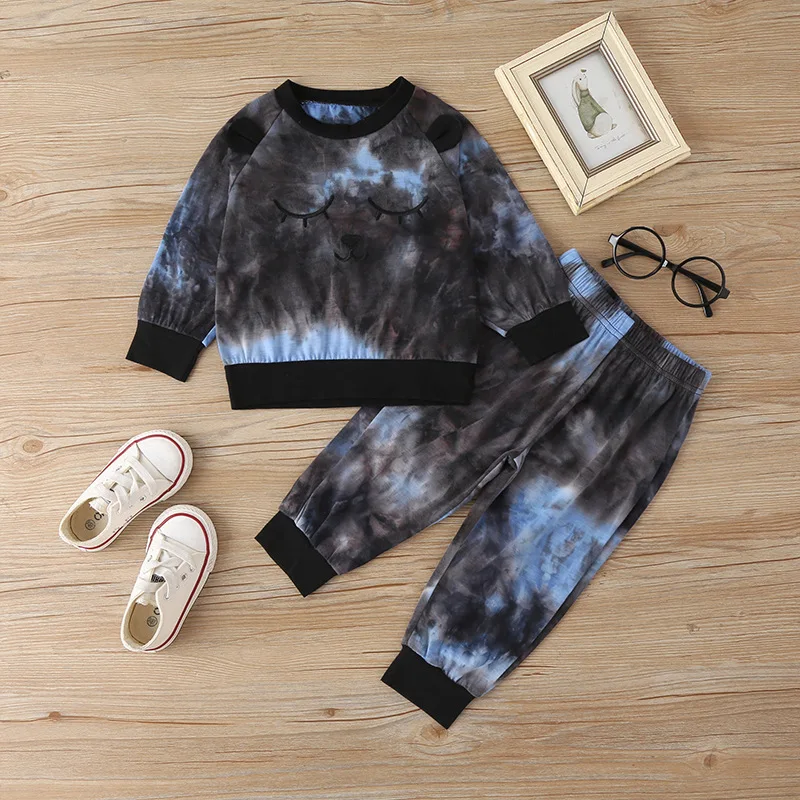 

2021 Winter Children Sets Casual Long Sleeve O Neck T-shirt Tie-dye Pants Casual Cute 2Pcs Girls Clothes Sets
