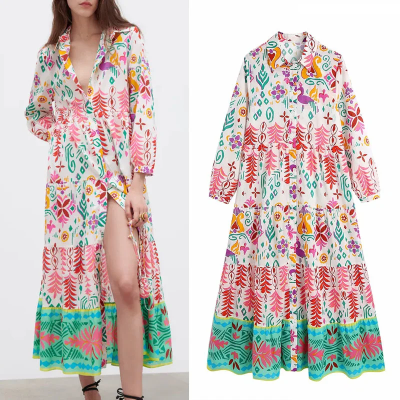 

Женское винтажное платье-рубашка с цветочным принтом, длинным рукавом и пуговицами