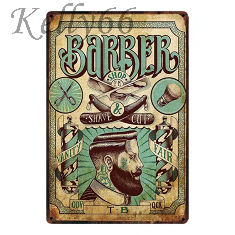[Kelly66] Парикмахерская Оловянная вывеска для стрижки волос и бритья металлический