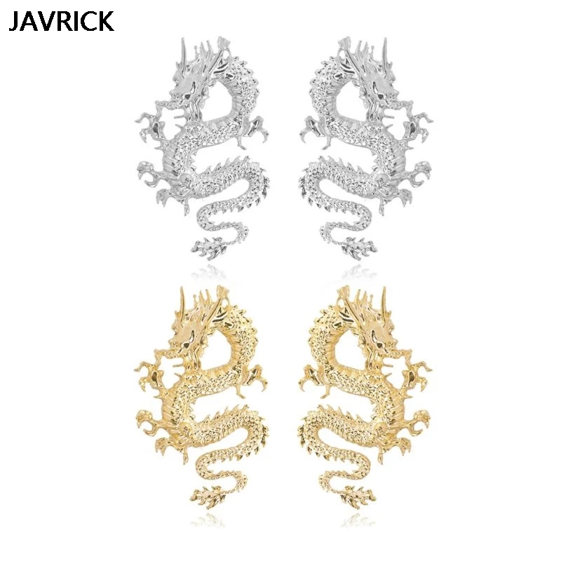 Женские серьги гвоздики золотого цвета в стиле панк рок сережки с драконом из