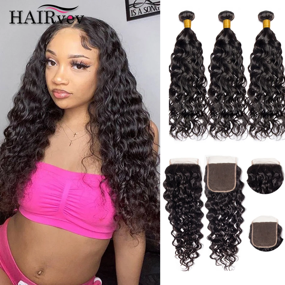 

26 28 30 Inch Brazilian Human Hair Bundles With Closure Water Wave 3 Bundle Deals With 4x4 HD Transparent Lace Closure Remy Hair