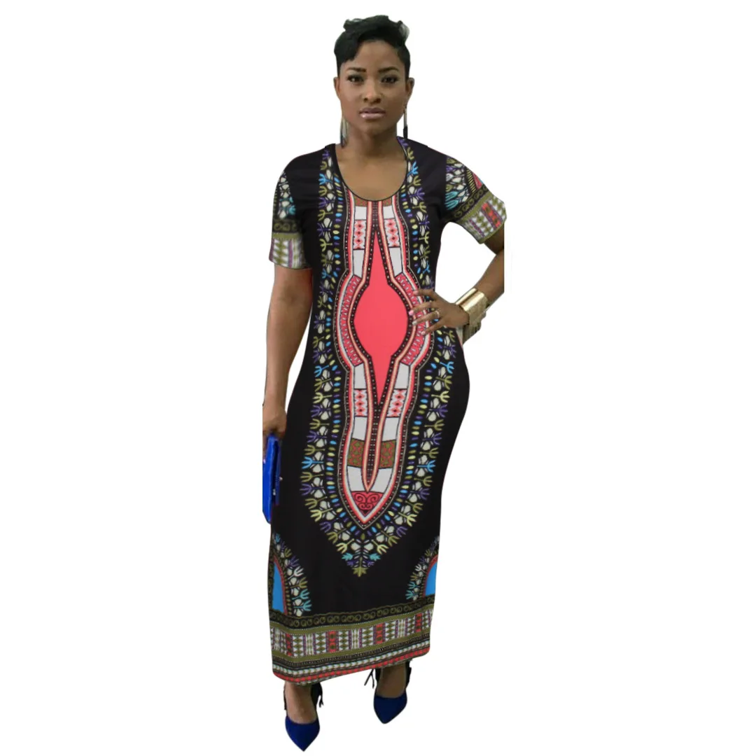 

2020 summer sexy african women o-neck printing polyester long dress