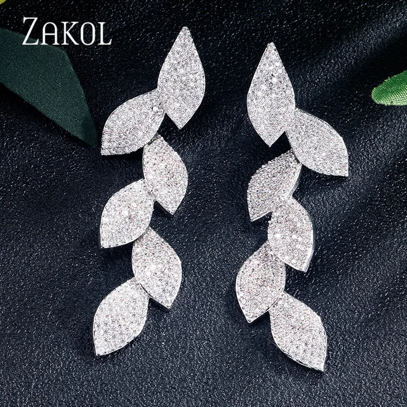 ZAKOL микро инкрустированные фианиты листья длинные висячие серьги для женщин