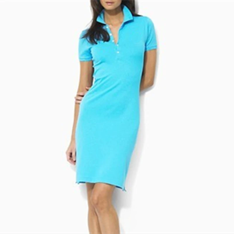 

High Quality Cotton Small Horse Polo Dress Shirt Women Casual Dresses T Shirt Turn Down Collar Short Sleeve Ladies Dress