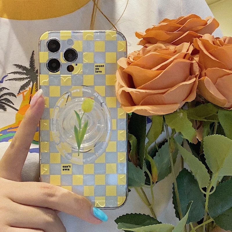 

Art Chess Board 3D Bracket Tulip Flower Phone Case For iPhone 11 Pro Max 12 Pro Max X Xs Max Xr 7 8 Plus Cases Soft TPU Cover