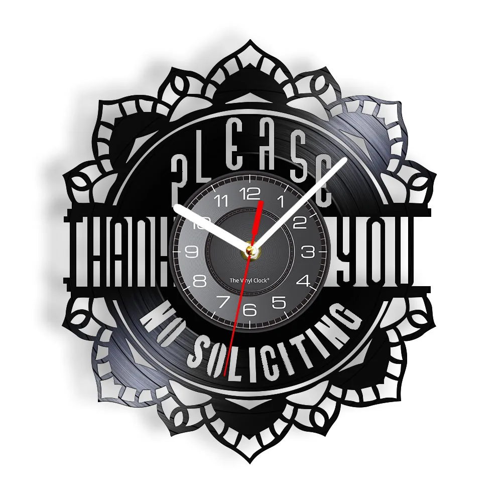 Friendly No Soliciting Sign Vinyl LP Record Wall Clock Office Room Front Door Laser Cut Typography Modern Script Lettering Clock