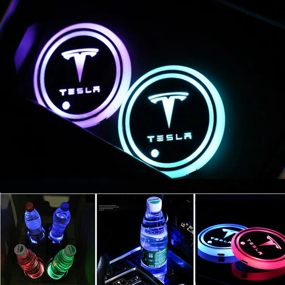 2Pcs USB Charging Colorful Intelligent Led Water Cup Luminous Coaster Car Atmosphere Light For Tesla Model 3/S/X Interior | Автомобили и