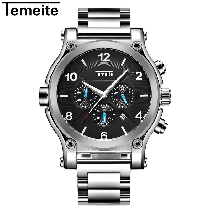 

TEMEITE Man's Watch Black Quartz Number Watch Business Steel Strap Male Watch Top Luxury 3 Sub-dial Male Clocks relogi