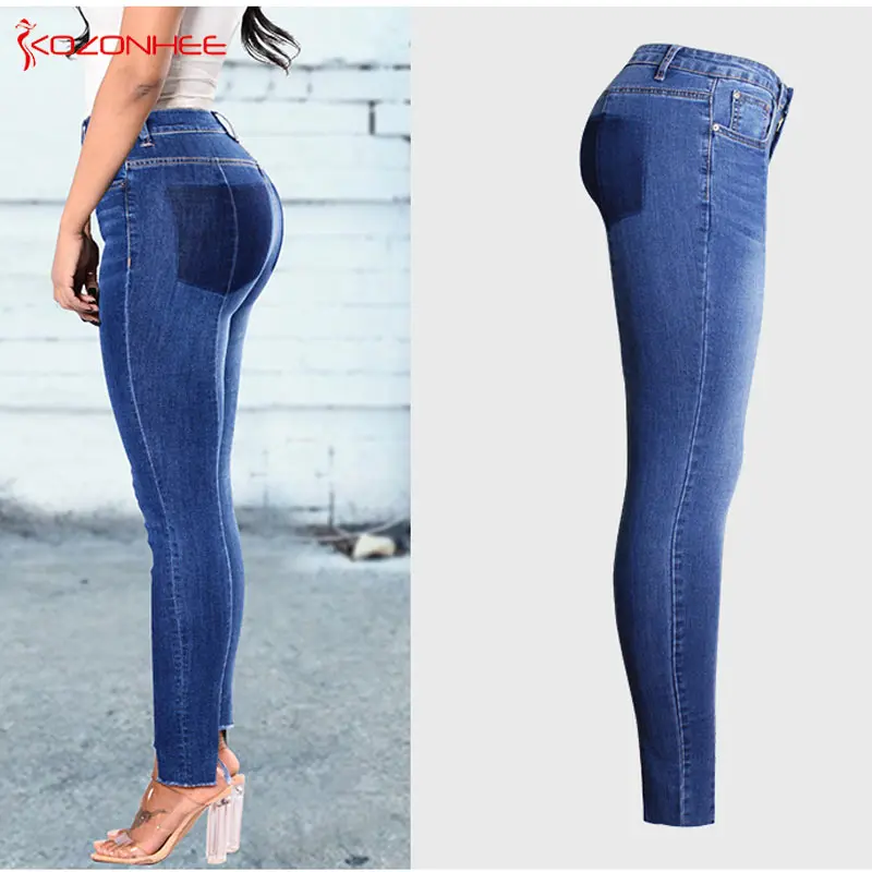 Рваные эластичные джинсы в полоску сбоку для женщин узкие с завышенной талией