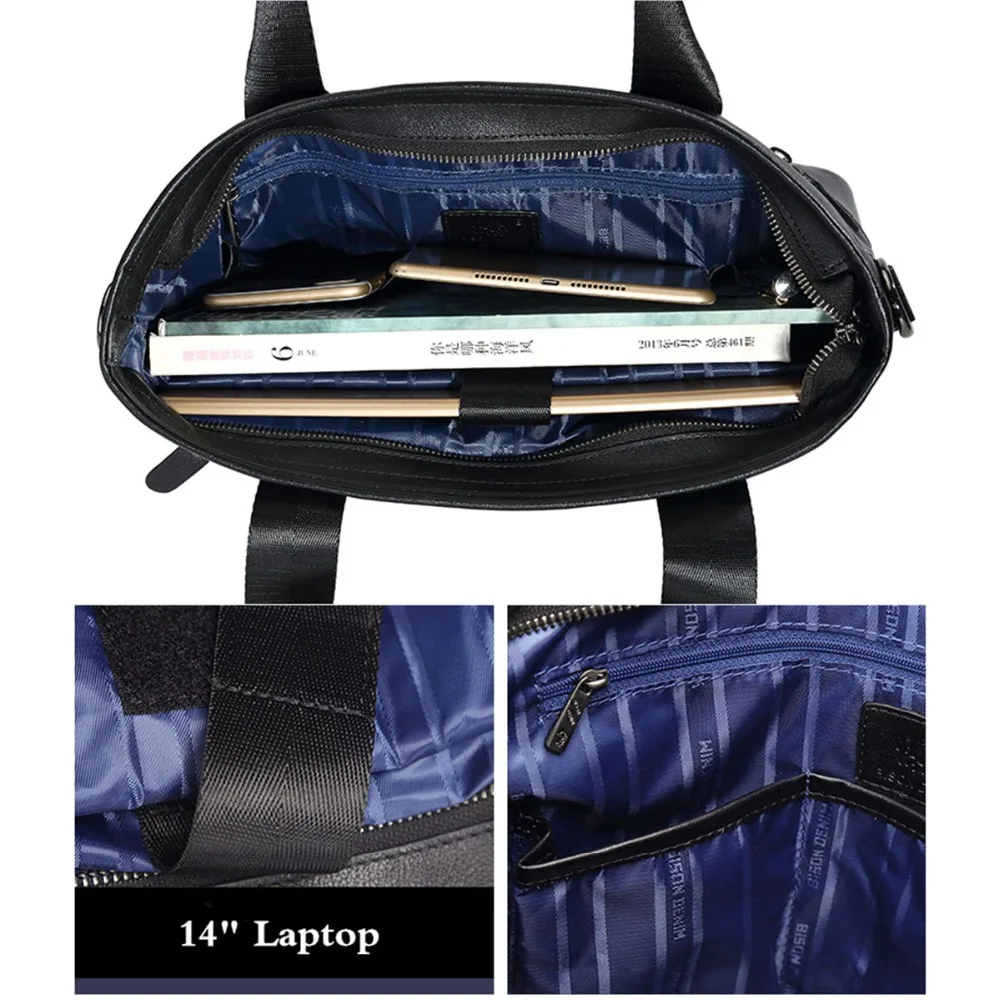 Bison Denim Genuine Leather Briefcase Business Travel Bag Male 14 inch Laptop Handbag Casual Shoulder Crossbody Bag Messenger