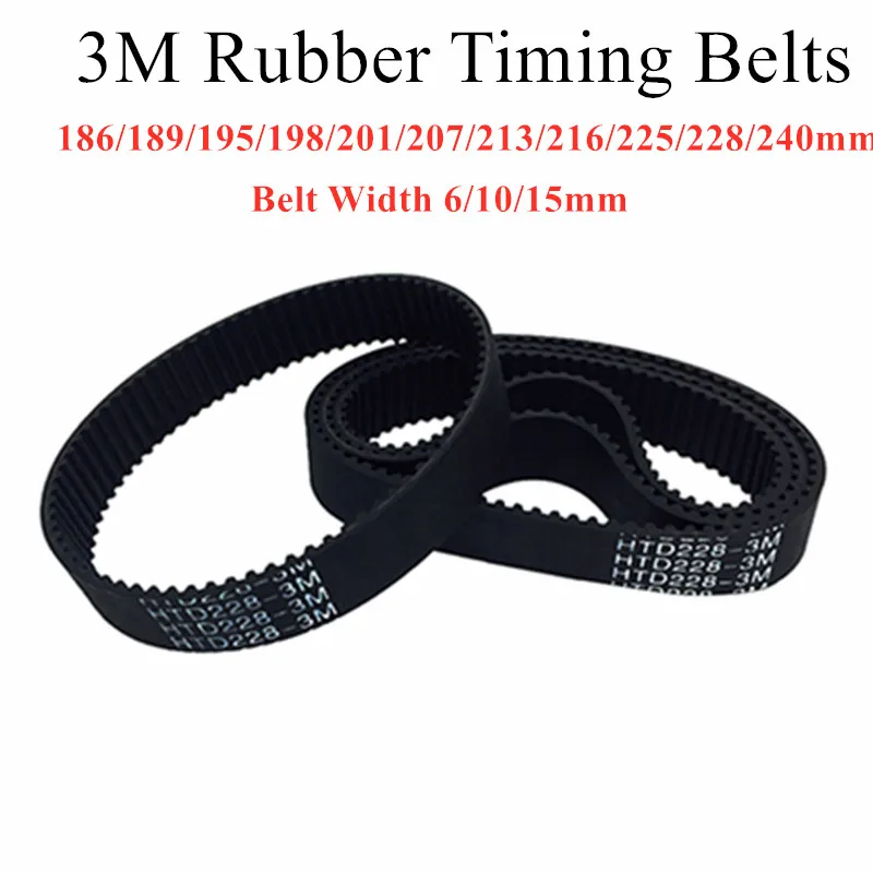 

HTD 3M Round Rubber Timing Belts Closed-Loop 186/189/195/198/201/207/213/216/225/228/240mm Length 6/10/15mm Width Drive Belts