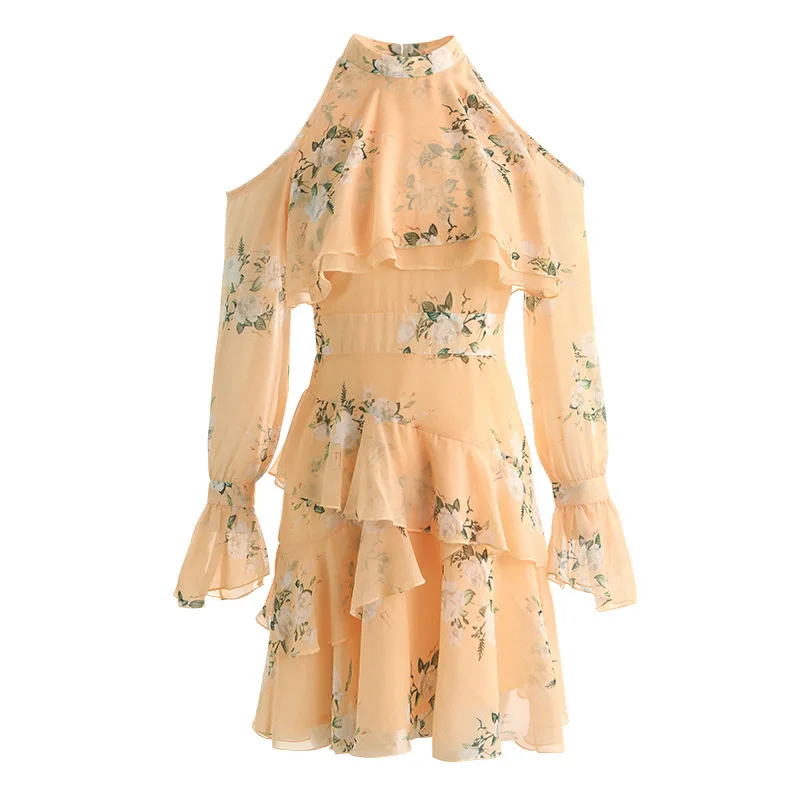 

Cold Shoulder Floral Print Sweet Ruffle Dress Chiffon Women Casual Elegant Flare Sleeve Short Mini Fairy Maiden Summer Dress