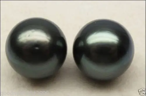 

AAA+ PAIR OF ROUND 10-11MM GENUINE TAHITIAN BLACK PEARL HALF HOLE EARRING 14K/20