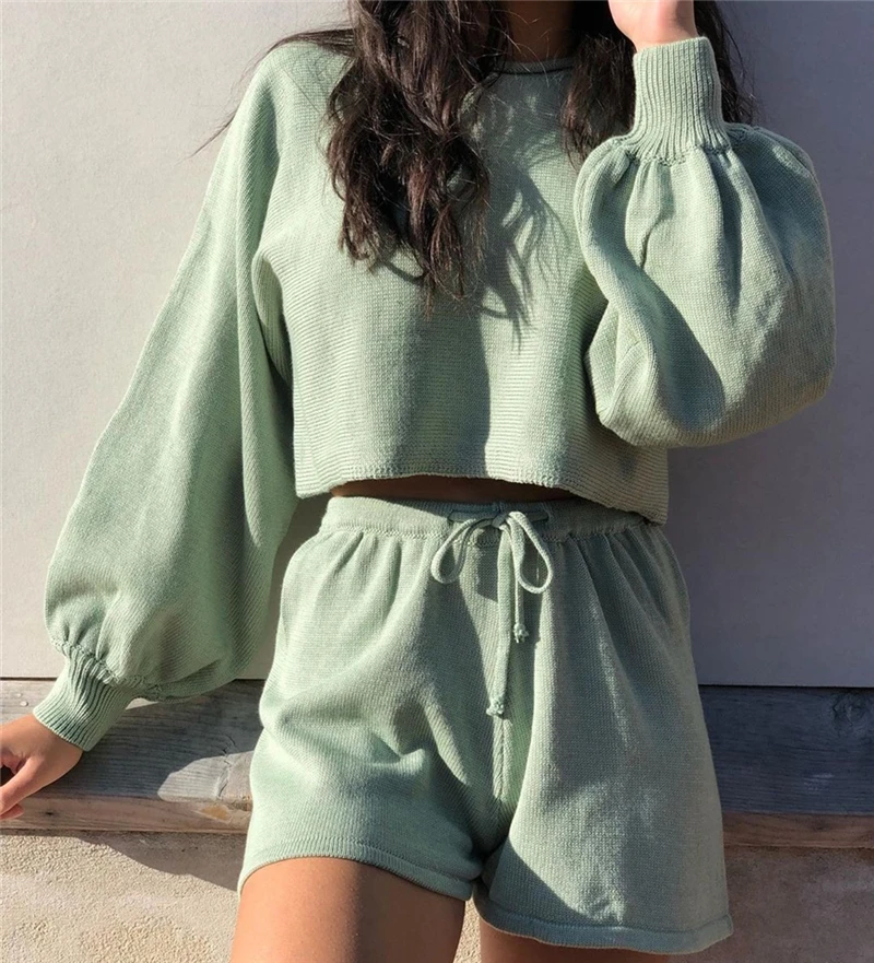 

Women 's Casual Fashion Solid Color Spring Autumn Two Piece Sweater Knitted Sweater Suit Shorts+Jumper Tops Clothing Set