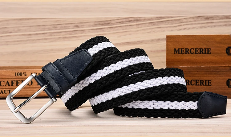 Fashion Casual Stretch Woven Belt With Leather Tip Top Elastic Belts For Men Jeans Mixed Color Braided Strap Zinc Alloy Buckle