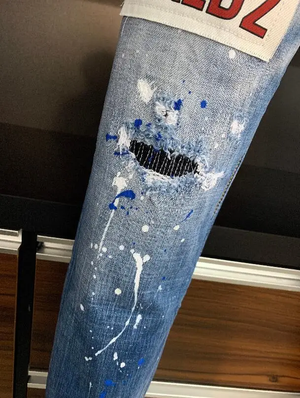 men jeans Authentic Classic Dsquared2 Mens Stretch Paint Ripped Holes Skinny Jeans, Blue Stitching Skinny Jeans, 9807