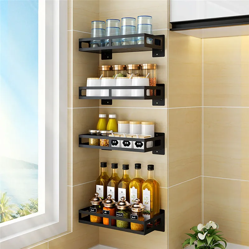 

Free Punch Rack Kitchen Organizer Multi-Functional Wall-Mounted Seasoning Hanging Spice Storage Holder Shelf for Home Bathroom