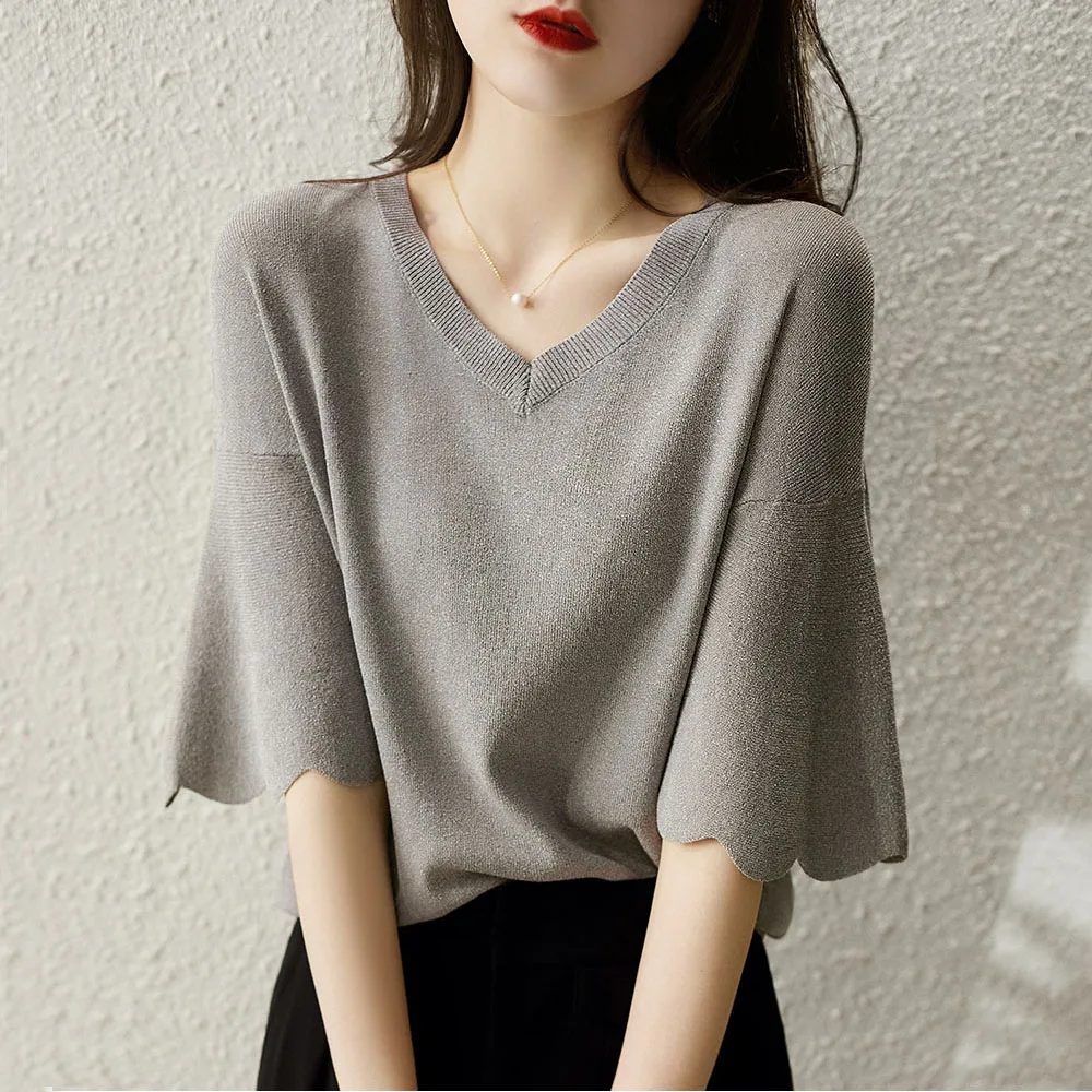 

Женская летняя вязаная рубашка с рукавами-лепестками и V-образным вырезом, Свободный Топ с коротким рукавом, свитер из вискозы, тонкая стиль...