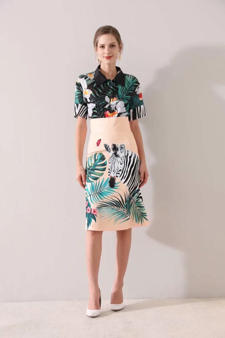 Women's Runway Designer Twinsets Turn Down Collar Short Sleeves Shirt with Empire Waist Skirt Two Piece Dress Set Suit |
