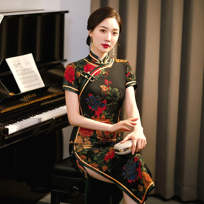 Long Black Flowers Qi Pao Dresses Mudan Hua Cheongsam Ethnic Style Improved Version 8 Pankou Evening Oriental Robe Silk Dress Qi