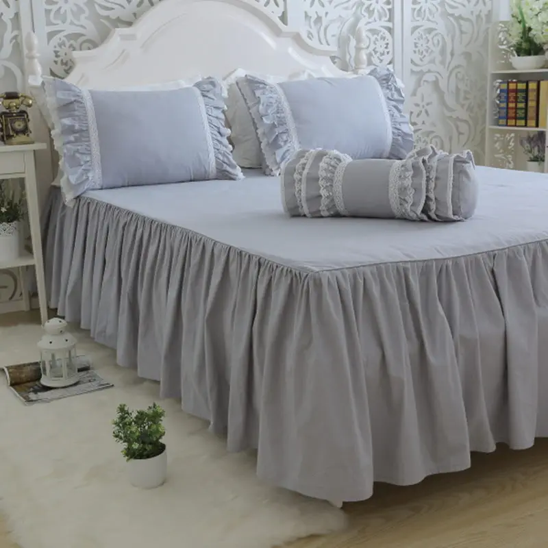 Top luxury bedding set light embroidery ruffle lace gray duvet cover bed sheet bedspread princess queen pillowcase HM-05S |