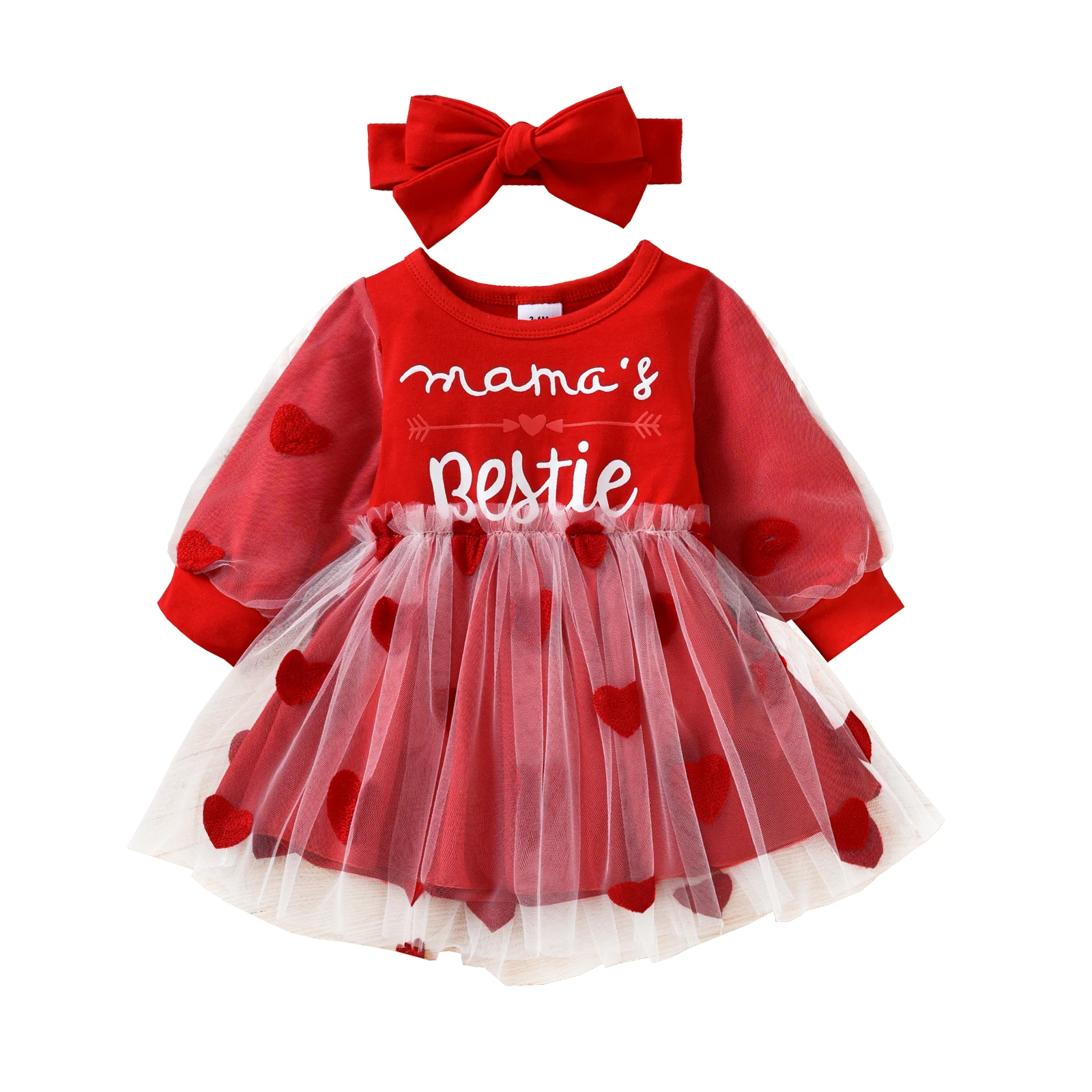 

Valentine's Day Baby Girls Clothing Sweet Style Casual Set Letter Print Love-Heart Mesh Patchwork Long Sleeve Dress Bow Headband