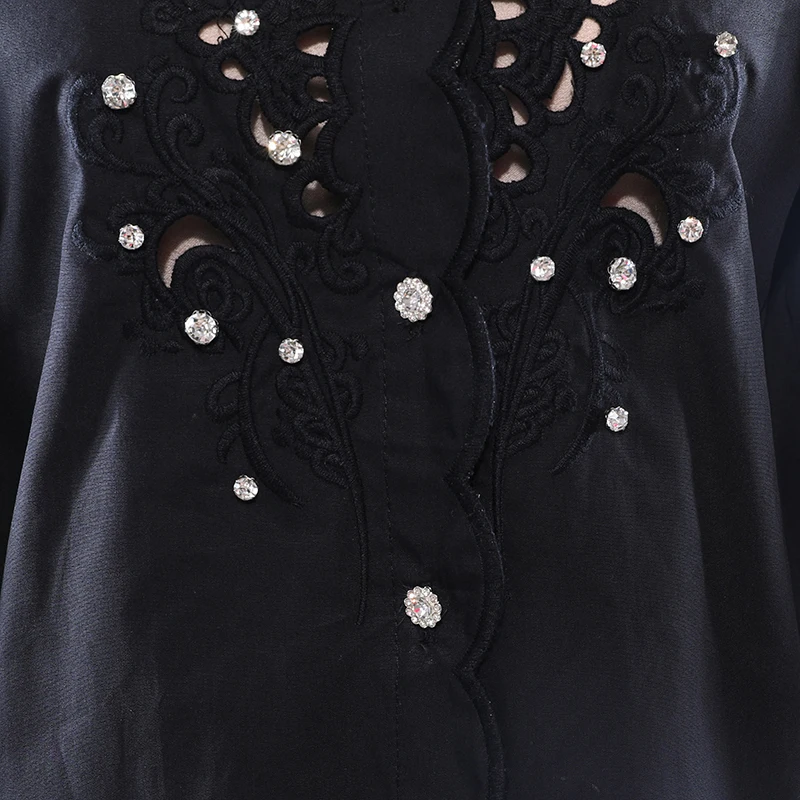 

[EAM] Women Black Hollow Out Lace Drill Blouse New Lapel Long Sleeve Loose Fit Shirt Fashion Tide Spring Summer 2021 1DD6429