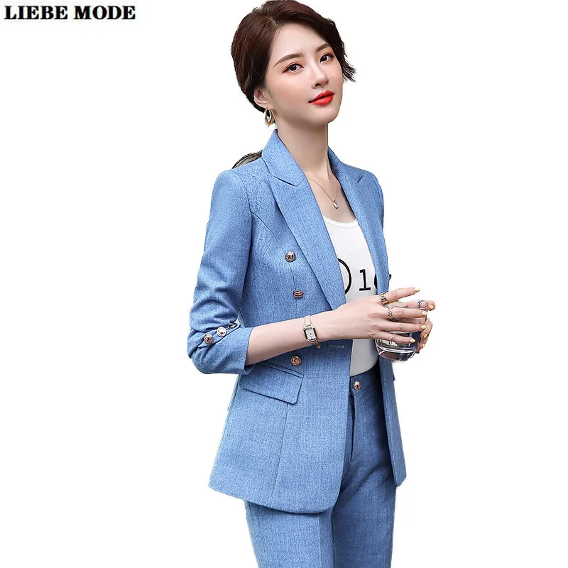 Two Pieces Business Casual Pants Suits for Women Elegant Office Double Breasted Blazer & Pants Suit Set Blue Pink Green