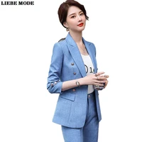 two pieces business casual pants suits for women elegant office double breasted blazer pants suit set blue pink green