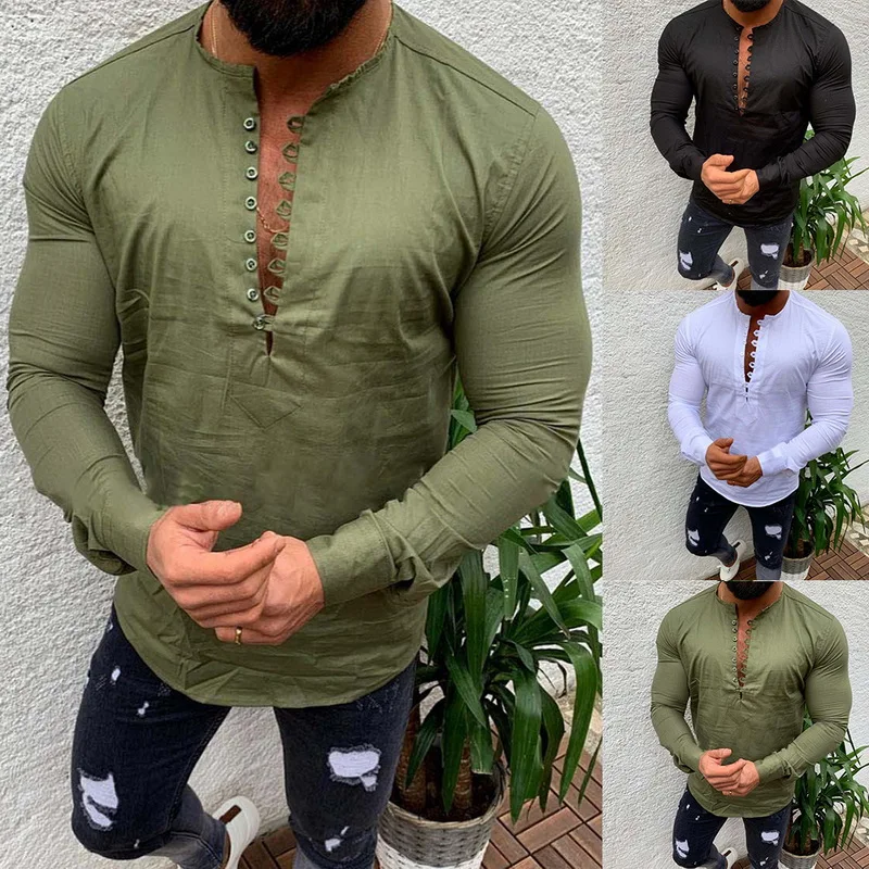 Мужская льняная рубашка CYSINCOS повседневная Облегающая с длинными рукавами мягкая