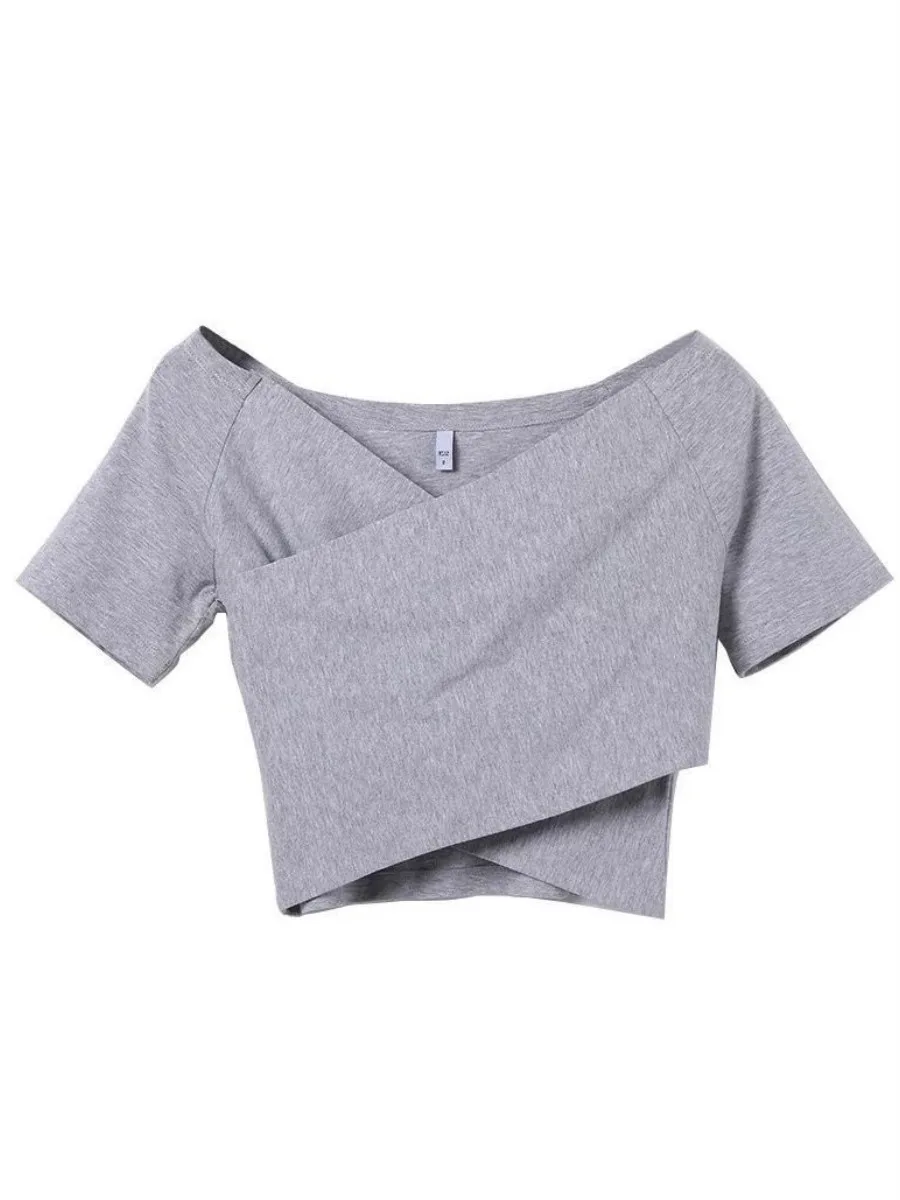 

Women T-Shirts 2020 Summer Tee Shirt Women Solid Color Midriff Black White Short Sleeve V-Neck Ladies Tees Tops Female T Shirt