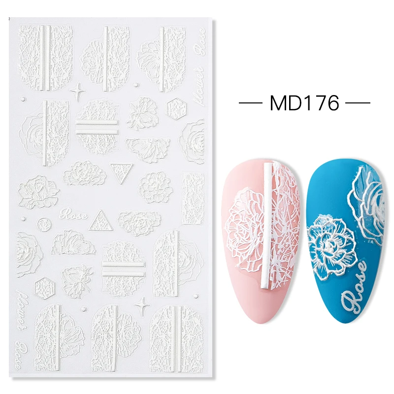 1 лист белый тисненый цветок кружева 5D наклейка свадебный дизайн ногтей