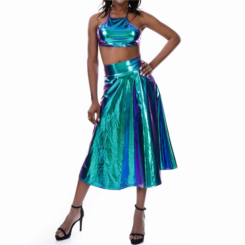 Shiny Holographic Two Piece Set Women Halter Criss Cross Bandage Crop Top Wet Look Sexy Long Skirt Party Night Club 2 Pcs Outfit | Женская