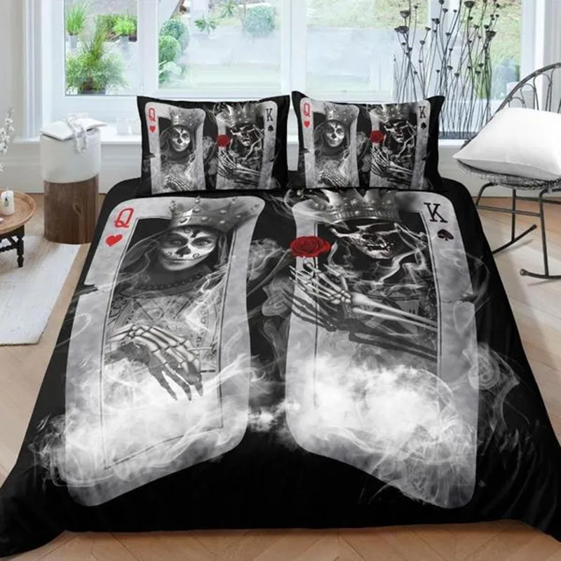 

Couple sugar Skull Bedding Sets queen size 3D poker skull Duvet Cover set Bed bedline AU US size bedline