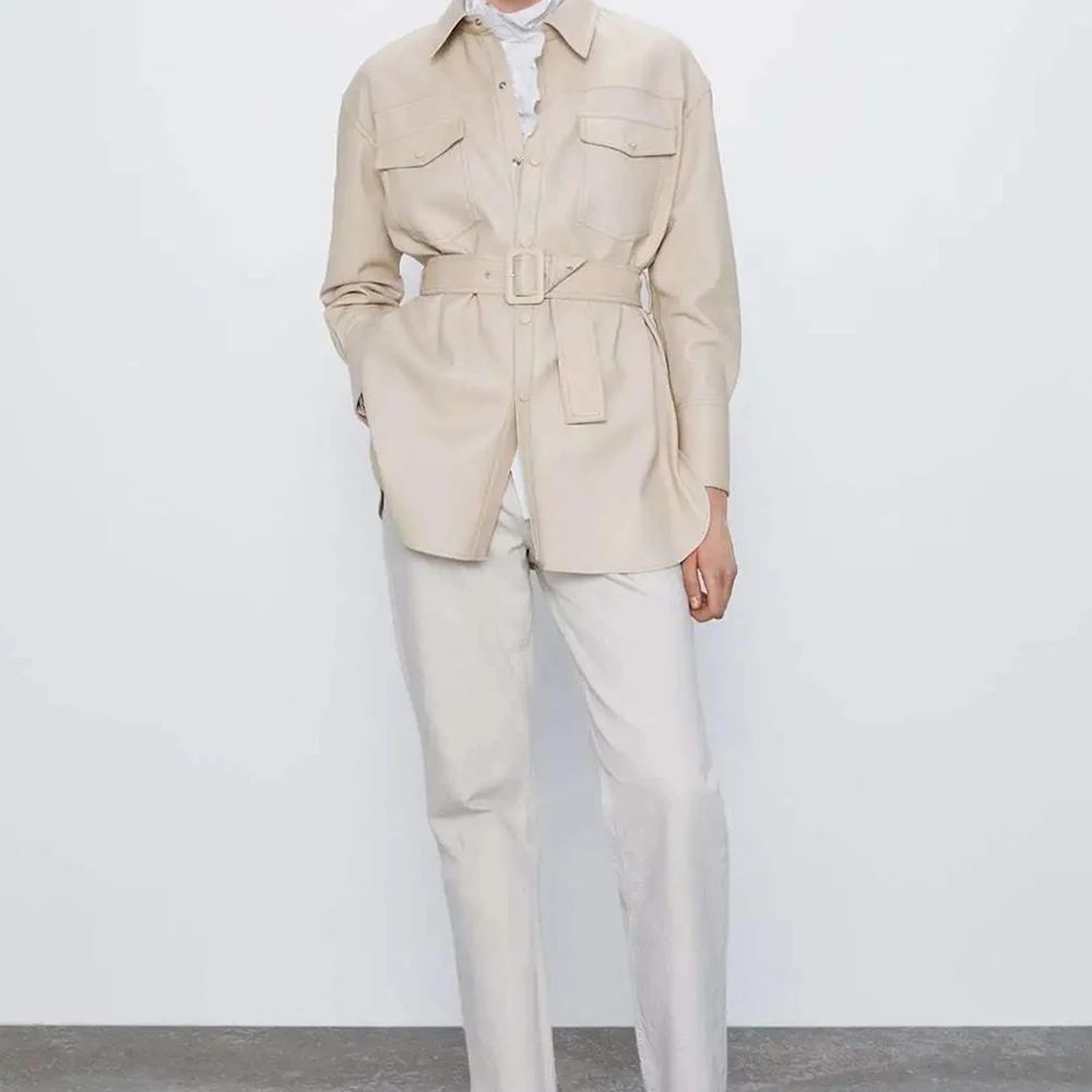 

ZA Autumn Winter Black Faux PU Leather Ladies Jacket With Belt Solid Top Coat Slim Shirt Collar Jacket Chic Female Streetwear