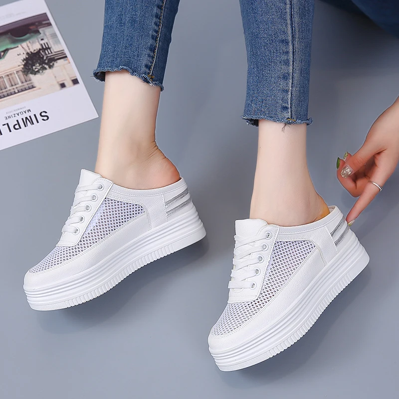 

Akexiya Women's Spring Summer Slippers Hollow Breathable Thick Bottom Casual Half Slippers Lazy Shoes Women Little White Shoes