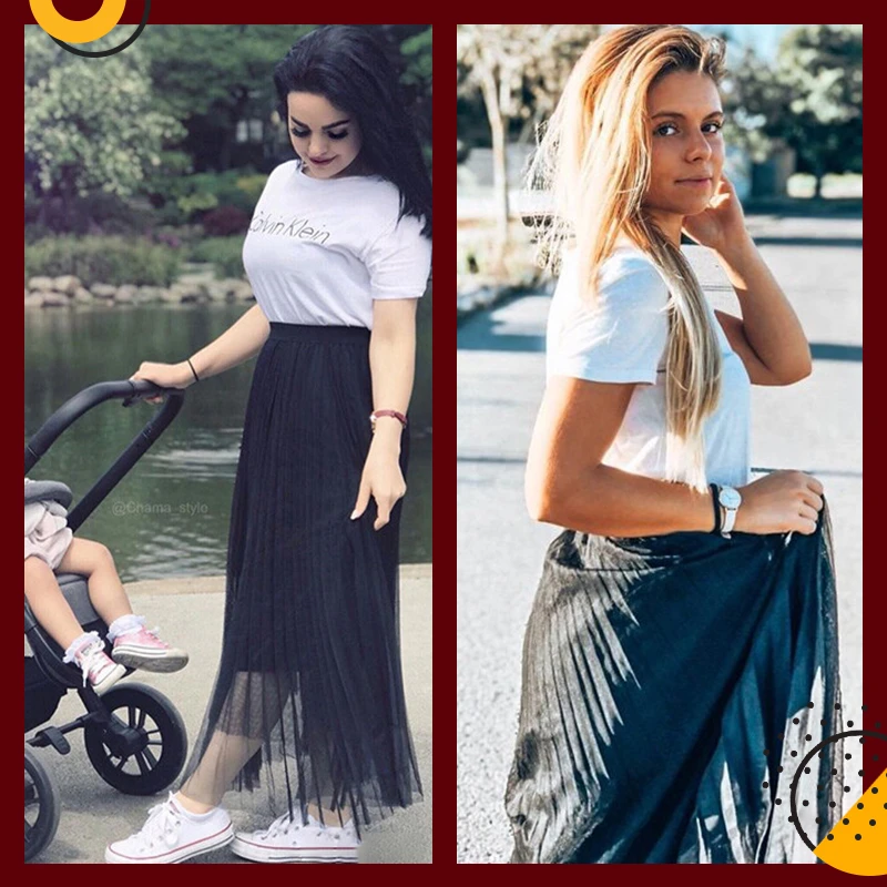 Dotfashion Женские Летние Стильные Новые поступления черные тюлевые сетчатые плиссированные юбки миди с эластичной талией милые женские юбки-клеш