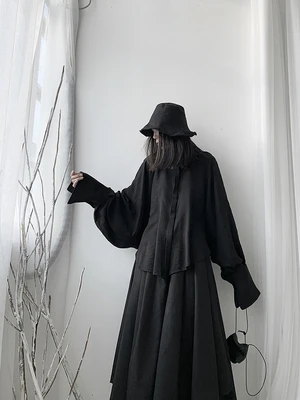 Женская Асимметричная рубашка Yamamoto темно синяя с длинным рукавом оригинальный