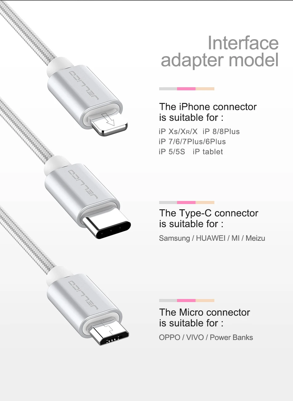 Jellico 3в1 USB кабель для iPhone X 8 7 6 кабель Micro usb type C кабель для samsung S9 S8 кабель быстрой зарядки 3A шнур зарядного устройства
