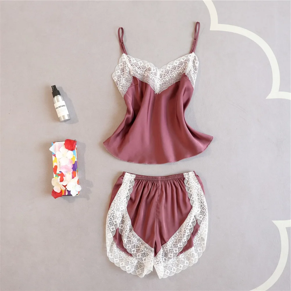 

Female Two Piece Set Women Sleepwear Silk Pajamas Sexy Chest Pad Nightwear Women 2018 Summer Lace Homewear Women Lingerie